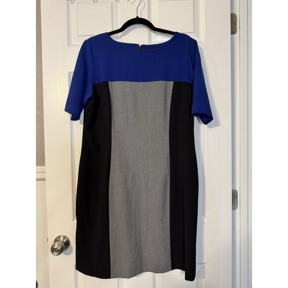Tahari Dress 14 Black Blue Gray Colorblock Short Sleeve Sheath Career Church - Picture 9 of 11